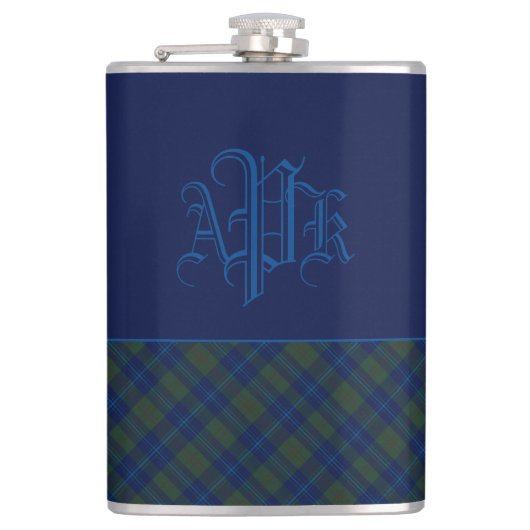 Mit Monogramm Green, Blue & Aqua Kariert Flachmann (Vorderseite)