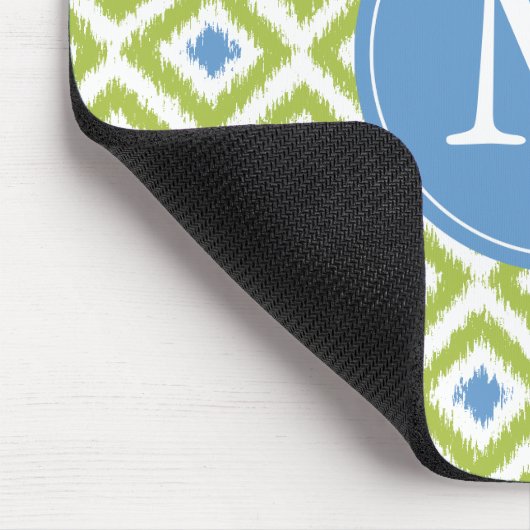 Mit Monogramm Green Blue Ikat-Muster Mousepad (Ecke)