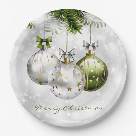 Mit Monogramm Green Silver Gold Weihnachtsschmuck Pappteller (Vorderseite)