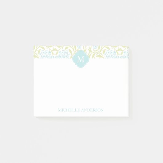 Mit Monogramm Green und Aqua Floral Damask Post-it Klebezettel (Vorderseite)