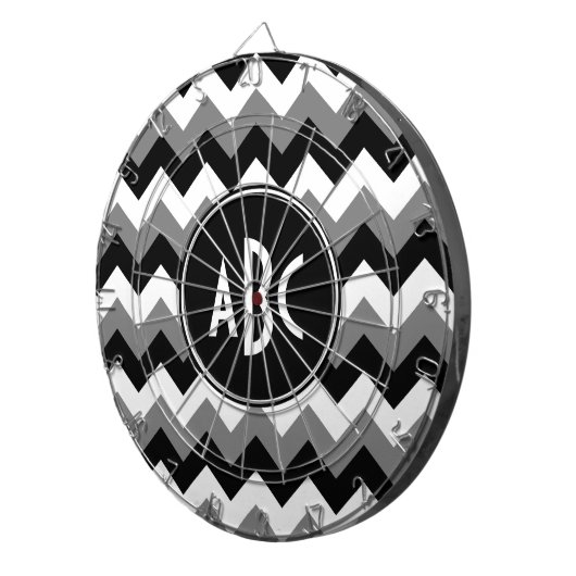 Mit Monogramm Grey Black und White Zigzag Dartscheibe (Vorderseite rechts)