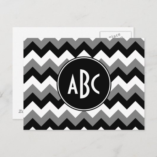 Mit Monogramm Grey Black und White Zigzag Postkarte (Vorne/Hinten)