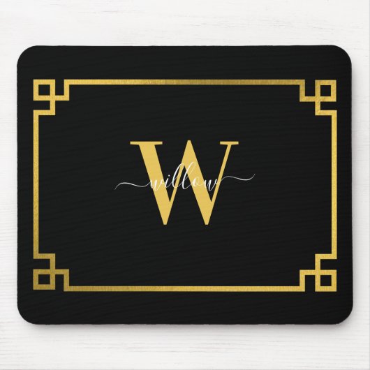 Mit Monogramm griechischer Key für Schwarz und Gol Mousepad (Vorne)