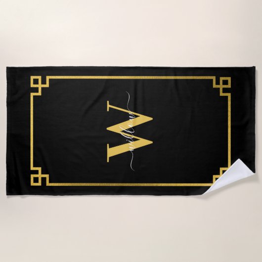 Mit Monogramm griechischer Key für Schwarz und Gol Strandtuch (Vorderseite)