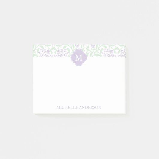 Mit Monogramm Grün-und Lavendel-Blumendamast Post-it Klebezettel (Vorderseite)