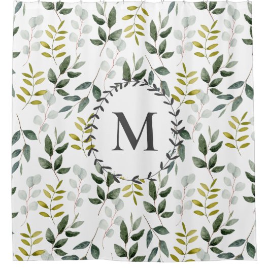 Mit Monogramm grüne Blätter Wasserfarbmuster Duschvorhang (Vorderseite)