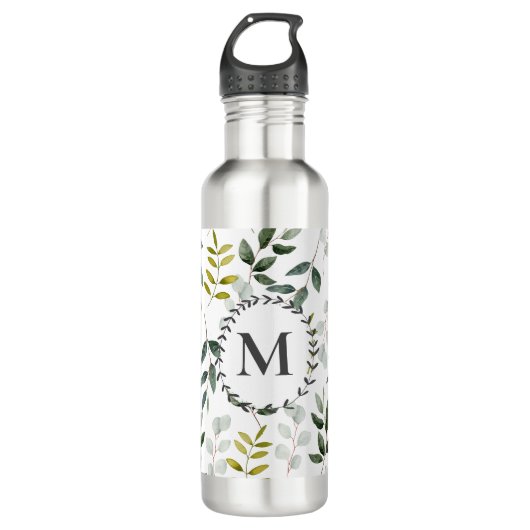 Mit Monogramm grüne Blätter Wasserfarbmuster Edelstahlflasche (Vorderseite)