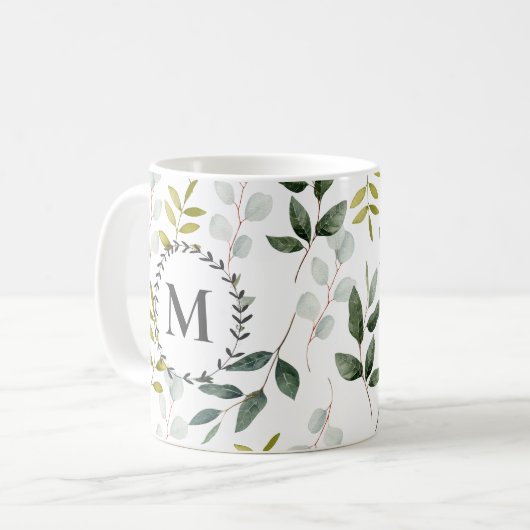Mit Monogramm grüne Blätter Wasserfarbmuster Kaffeetasse (Vorderseite Links)