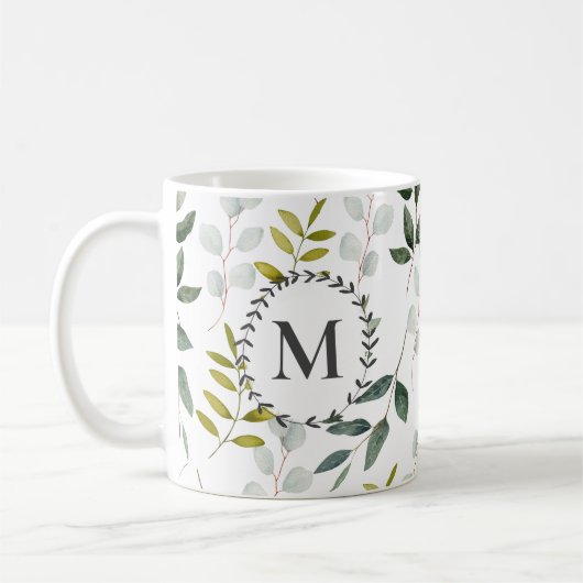 Mit Monogramm grüne Blätter Wasserfarbmuster Kaffeetasse (Links)