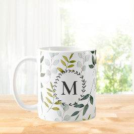 Mit Monogramm grüne Blätter Wasserfarbmuster Kaffeetasse