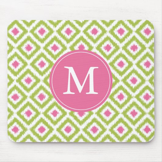 Mit Monogramm grünes Pink Diamonds Ikat Pattern Mousepad (Vorne)