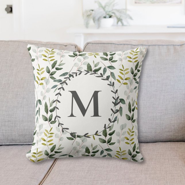 Mit Monogramm grünes tropisches Eukalyptus-Muster Kissen (In situ)