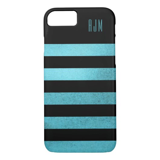Mit Monogramm Grunge aquamarin Streifen Schwarzer Case-Mate iPhone Hülle (Rückseite)