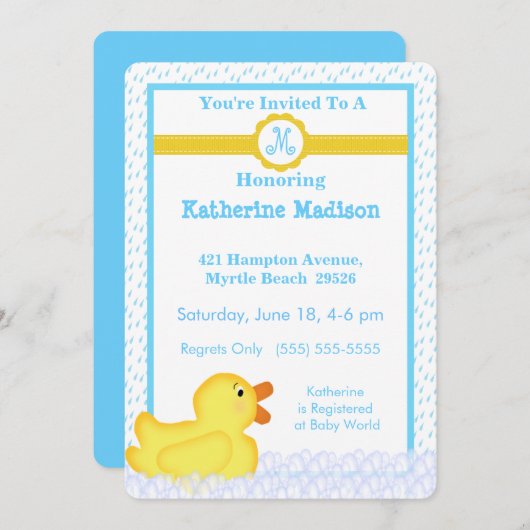Mit Monogramm Gummihandschuh Ducky Baby Einladung (Vorne/Hinten)