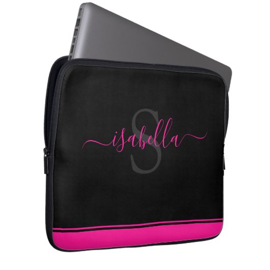 Mit Monogramm, heiß rosa Schwarzes Skript Laptopschutzhülle (Vorne Rechts)
