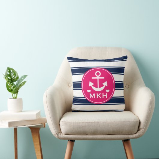 Mit Monogramm heißes Rosa-und Marine-Blau-Anker Kissen (Stuhl )