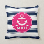 Mit Monogramm heißes Rosa-und Marine-Blau-Anker Kissen<br><div class="desc">Fügen Sie Ihr Monogramm mit drei Buchstaben und Initialen der Fuchsie des heißen Rosas und weißer Kreisentwurf auf diesem niedlichen und preppy Seemuster mit einem Anker und weißen Herzen und eine zusammenpassende helle Rosarückseite hinzu. Grafik © Chrissy H. Studios,  LLC. Alle Rechte vorbehalten.</div>