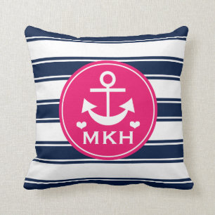 Mit Monogramm heißes Rosa-und Marine-Blau-Anker Kissen