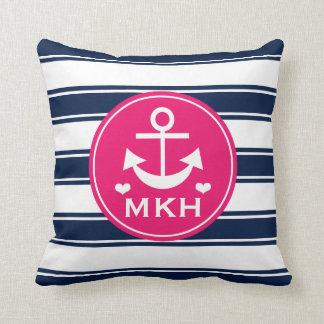 Mit Monogramm heißes Rosa-und Marine-Blau-Anker Kissen