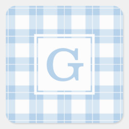 Mit Monogramm, hellblaues und weißes Kariertes Mus Quadratischer Aufkleber