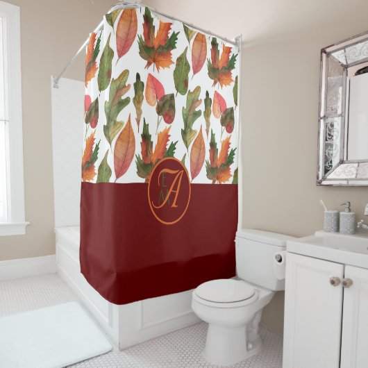 Mit Monogramm Herbstlaub Burgund Herbstdekor Duschvorhang (Beispiel)