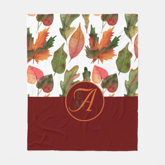 Mit Monogramm Herbstlaub Burgund Herbstdekor Fleecedecke (Vorderseite)