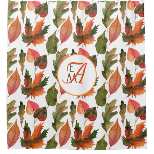 Mit Monogramm Herbstlaub Herbstdekor Orange Green Duschvorhang (Vorderseite)