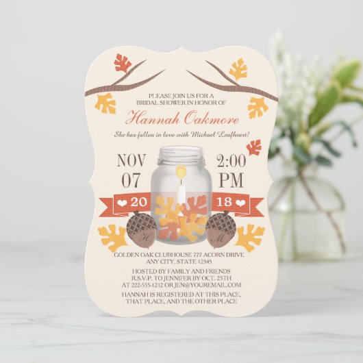 Mit Monogramm Herbstlaub Mason Jar Brautparty Einladung (Stehend Vorderseite)