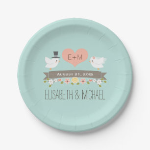 Mit Monogramm Herz Aqua Blue Love Bird Dove Hochze Pappteller