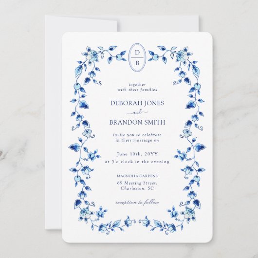 Mit Monogramm Hochzeit Blue & White Delft Einladung (Vorderseite)