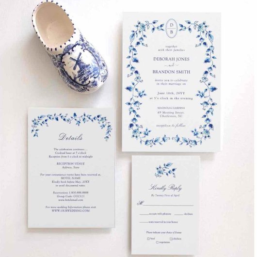 Mit Monogramm Hochzeit Blue & White Delft Einladung