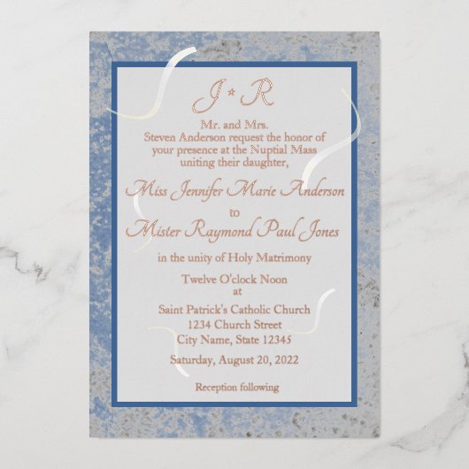 Mit Monogramm Hochzeit in Blau und Grau-Marmor Folieneinladung (Vorderseite)