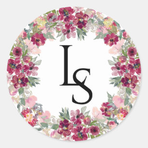 Mit Monogramm Hochzeit in Burgund und Rose Runder Aufkleber