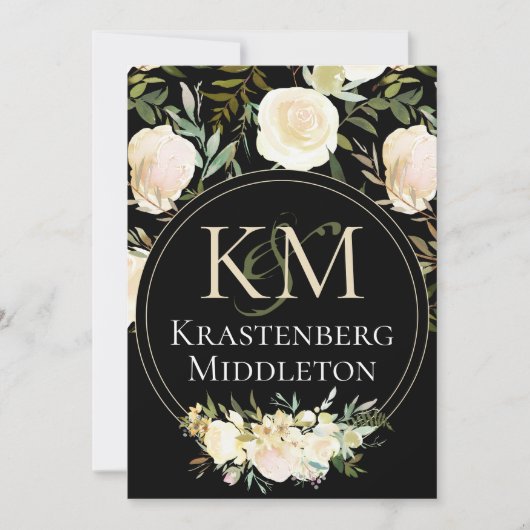 Mit Monogramm Hochzeit mit eleganten White Rose Einladung (Vorderseite)