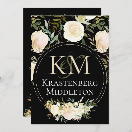 Mit Monogramm Hochzeit mit eleganten White Rose Einladung (Vorne/Hinten)