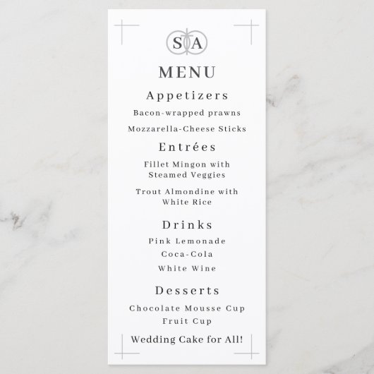 Mit Monogramm Hochzeit mit gewohntem Kreuz und Rin Menükarte (Vorderseite)
