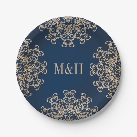 Mit Monogramm Hochzeit von Marine und Gold im indi Pappteller (Vorderseite)