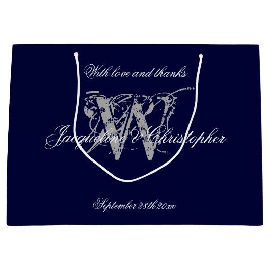 Mit Monogramm Hochzeit von Navy Blue und Silver Ch Große Geschenktüte (Vorderseite)