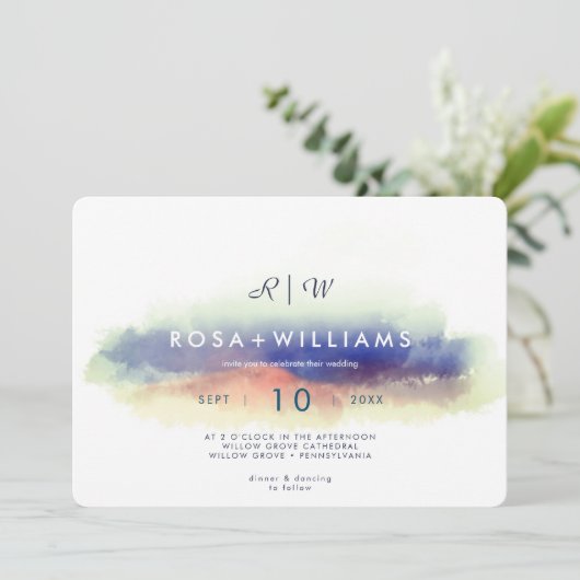 mit Monogramm Hochzeitslandschaft Einladung (Stehend Vorderseite)