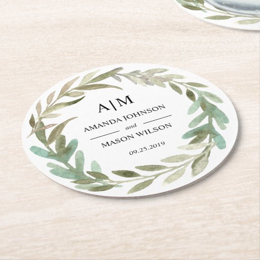 Mit Monogramm Hochzeitsstimmung im Aquarell Unters Runder Pappuntersetzer (Angewinkelt)