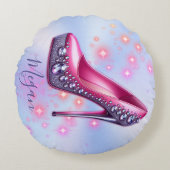 Mit Monogramm hohe Ferse im Glitzer Rosa am Blau | Rundes Kissen (Vorderseite)