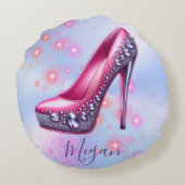 Mit Monogramm hohe Ferse im Glitzer Rosa am Blau | Rundes Kissen (Rückseite)