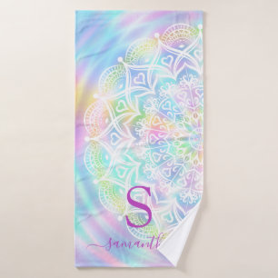 Mit Monogramm holografische Pastel Neon Rainbow Badehandtuch