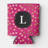 Mit Monogramm Hot Pink und Gold Glitzer Polka Dot Dosenkühler (Vorderseite)