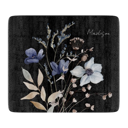 Mit Monogramm Hübsche Aquarellblau-Wildblume Schneidebrett (Vorderseite)