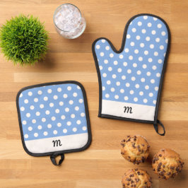 Mit Monogramm Hübsches Muster Sky Blue Polka Dot Ofenhandschuh & Topflappen-Set
