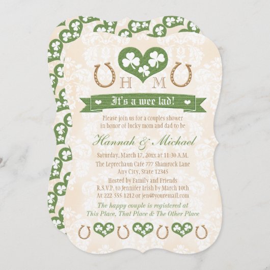 Mit Monogramm Hufeisen Kleeblatt Paare Kinderdusch Einladung (Vorne/Hinten)