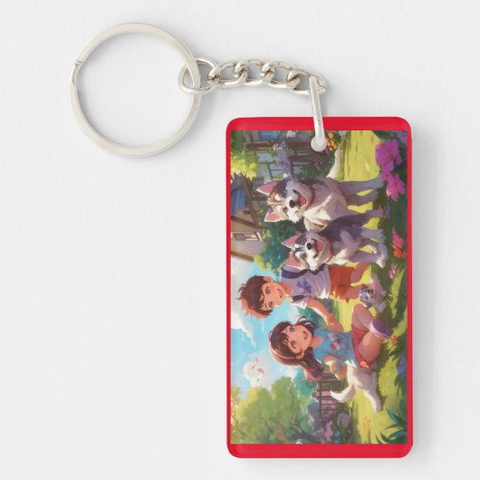 Mit Monogramm Husky-Hunde mit Kindern | Schlüsselanhänger (Vorderseite)
