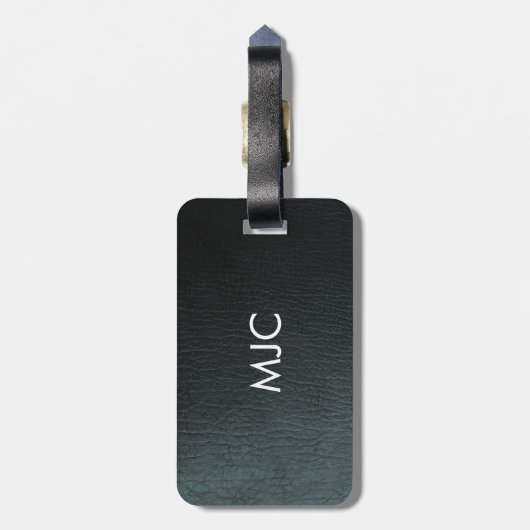 Mit Monogramm Imitate Schwarzes Leder Textur Gepäckanhänger (Rückseite vertikal)