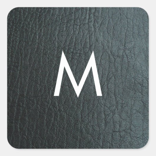 Mit Monogramm Imitate Schwarzes Leder Textur Quadratischer Aufkleber (Vorderseite)